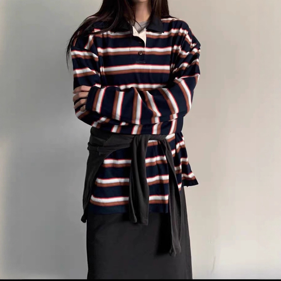 现货25年秋韩国东大门代购橄榄球衣Polo领条纹卫衣宽松上衣女