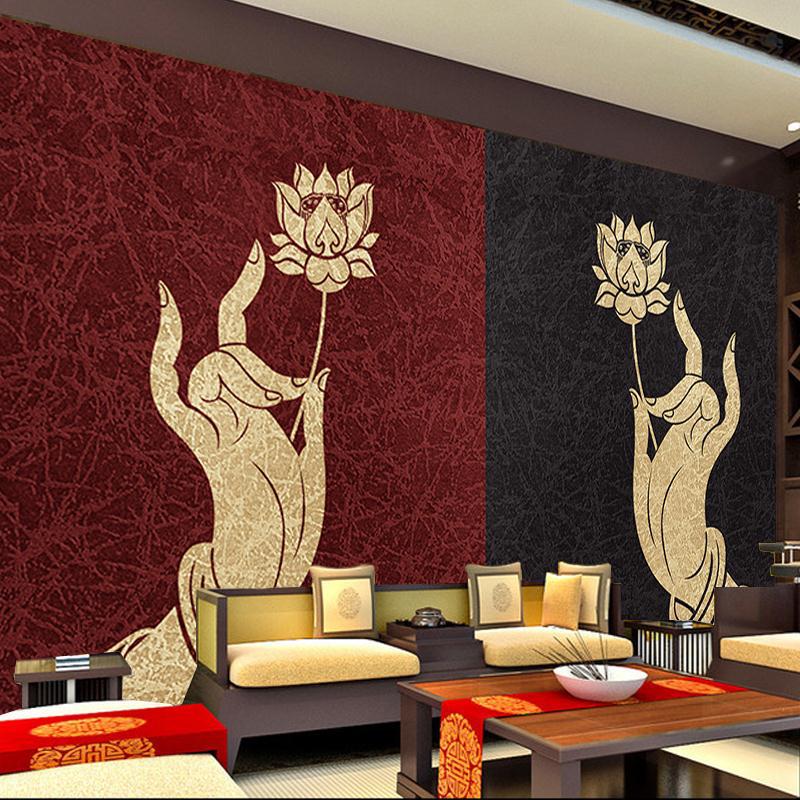 复古禅意墙布佛手莲花壁画中式瑜伽馆背景墙纸养生馆佛堂佛教壁纸