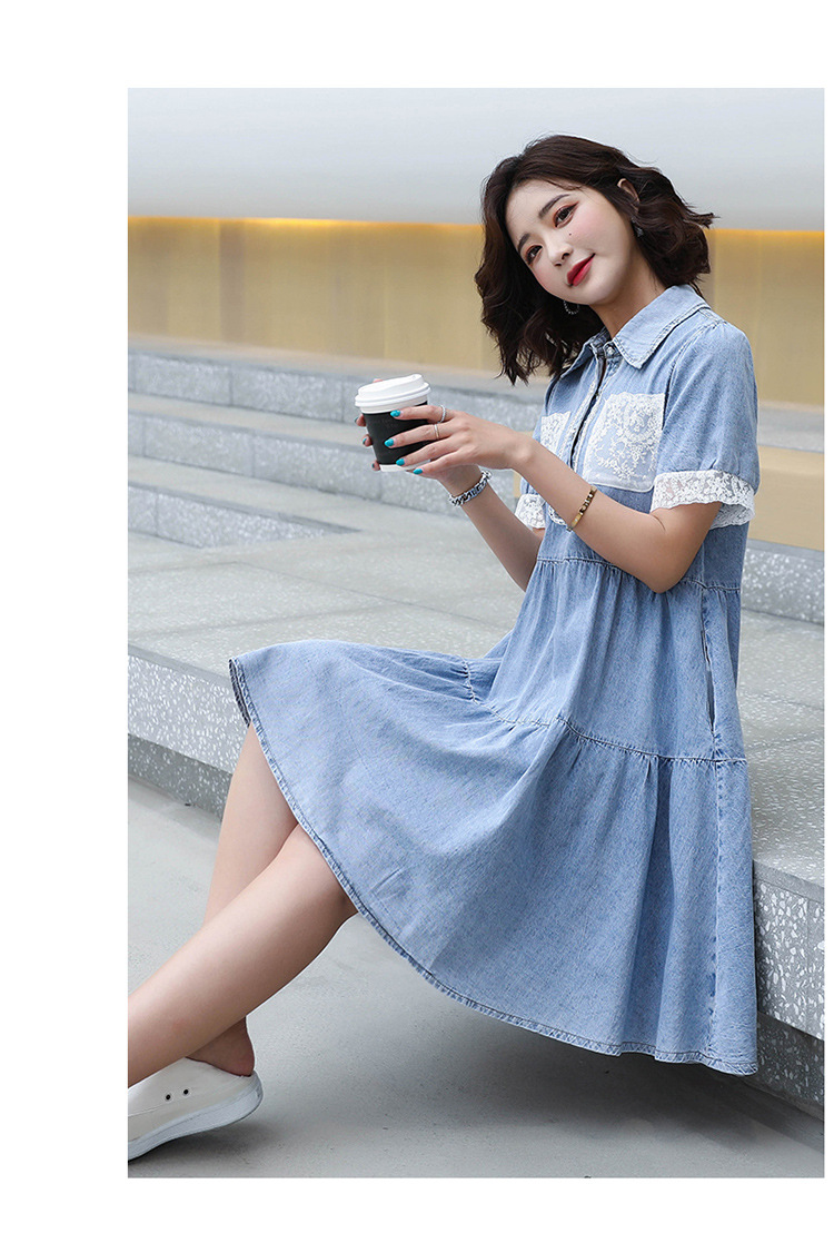 蕾丝拼接牛仔连衣裙女夏季2021新款韩版宽松洋气显瘦小个子a字裙