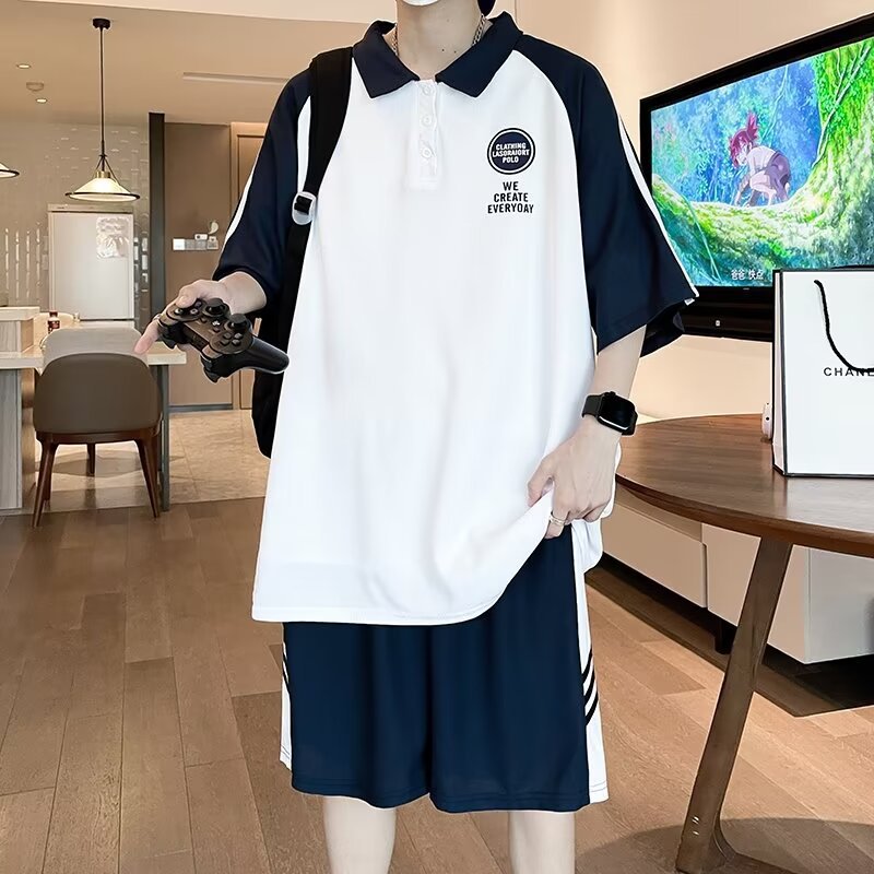 大码短袖t恤男夏季青少年初中生韩版潮流帅气polo衫高中学生套装