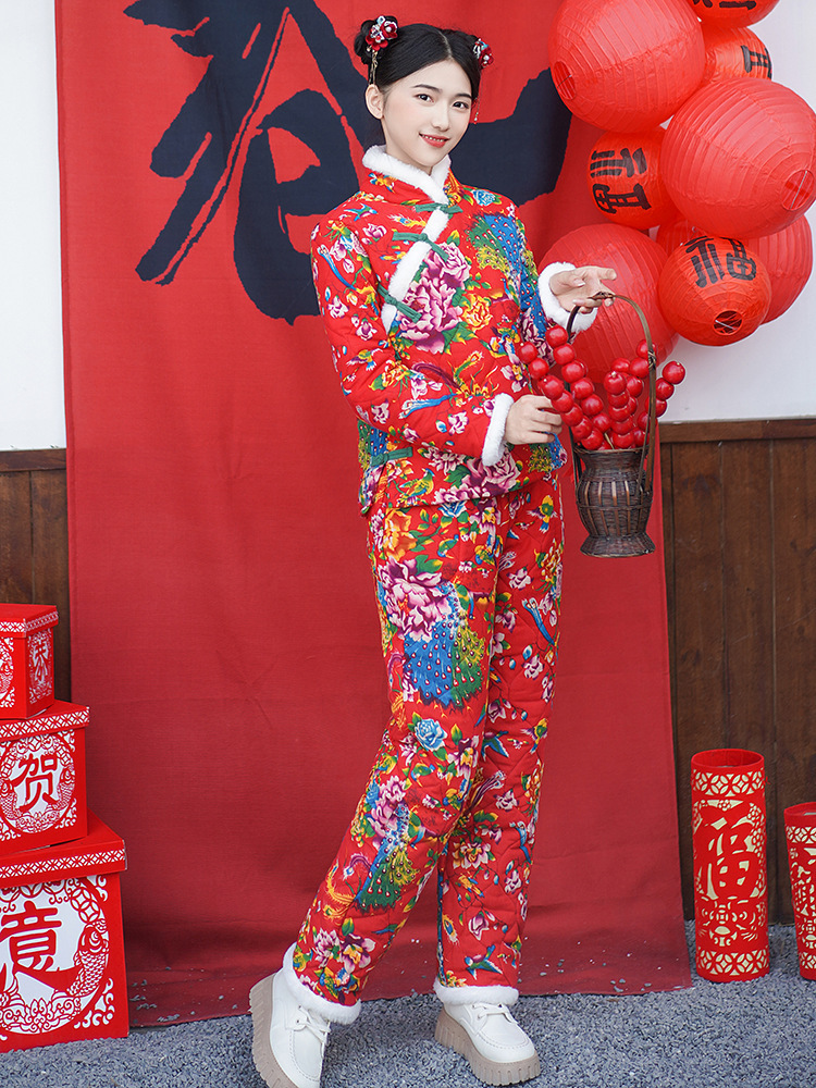 东北大花袄棉袄女冬加厚民族风碎花棉服时尚网红棉衣棉裤套装女