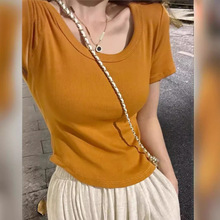 橘色正肩短袖t恤女夏季短款2024新款设计感小众外穿修身半袖上衣