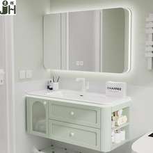牛油果绿浴室柜陶瓷一体盆橡木卫生间洗脸盆柜组合新款圆角肤感盆