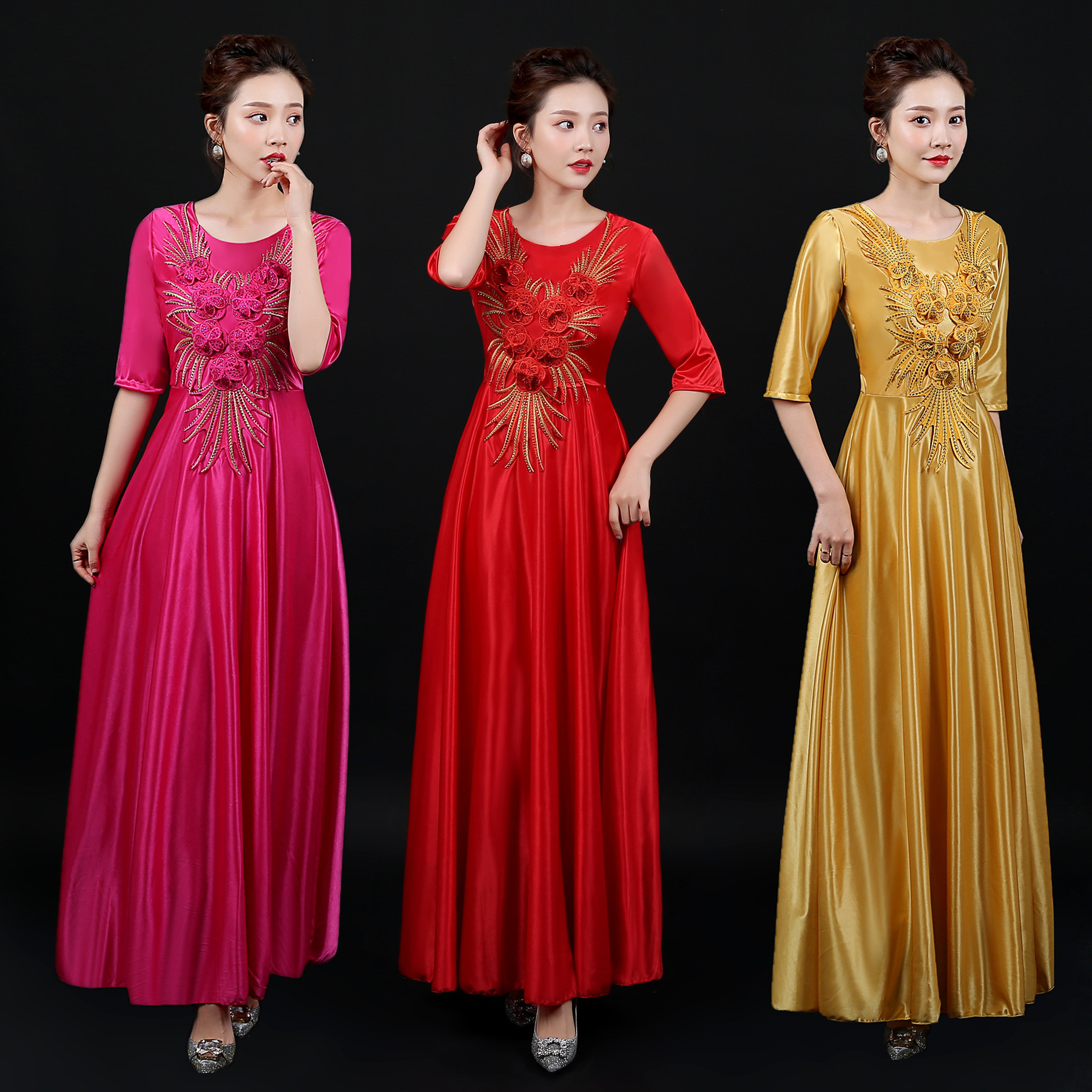 合唱团演出服2020新款成人大合唱礼服女长裙中老年舞台红歌合唱服