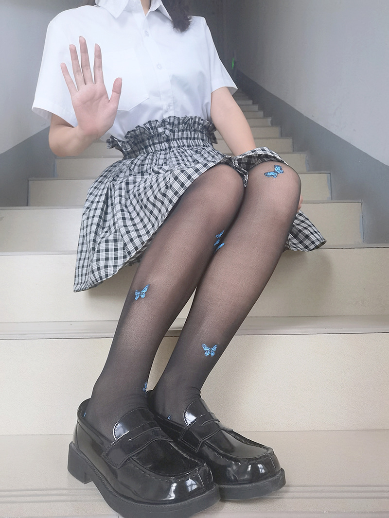 新品女学生洛丽塔丝袜薄款连裤袜蓝蝴蝶黑色白色印花甜美少女jk