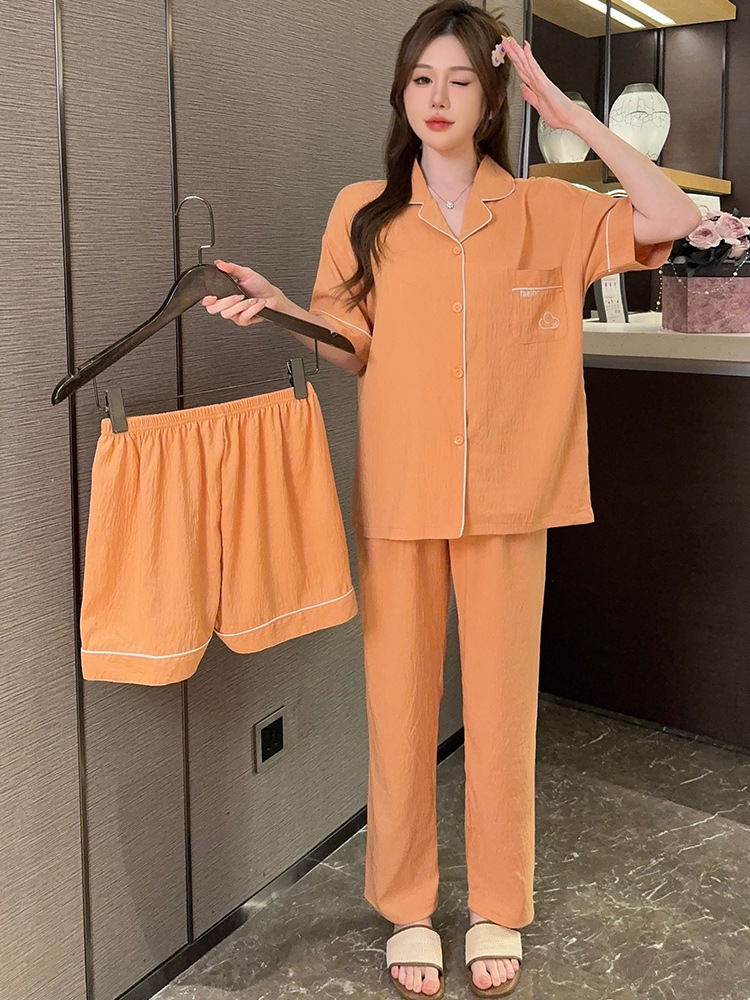 Women's Pajamas New Spring and Summer Solid Color High-Grade Loose Comfortable Short-Sleeved Shorts Casual Home Wear Three-Piece Suit