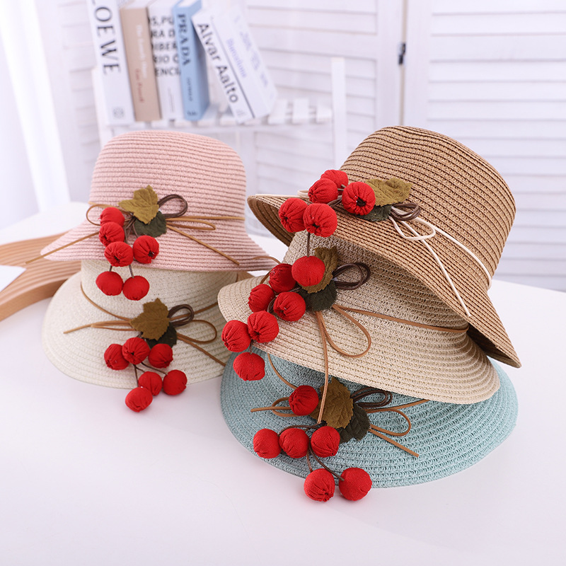 2024 Korean Style Fresh String of Red Children's Straw Hat Summer Girl Travel Sun-Proof Sun Hat Bag Set