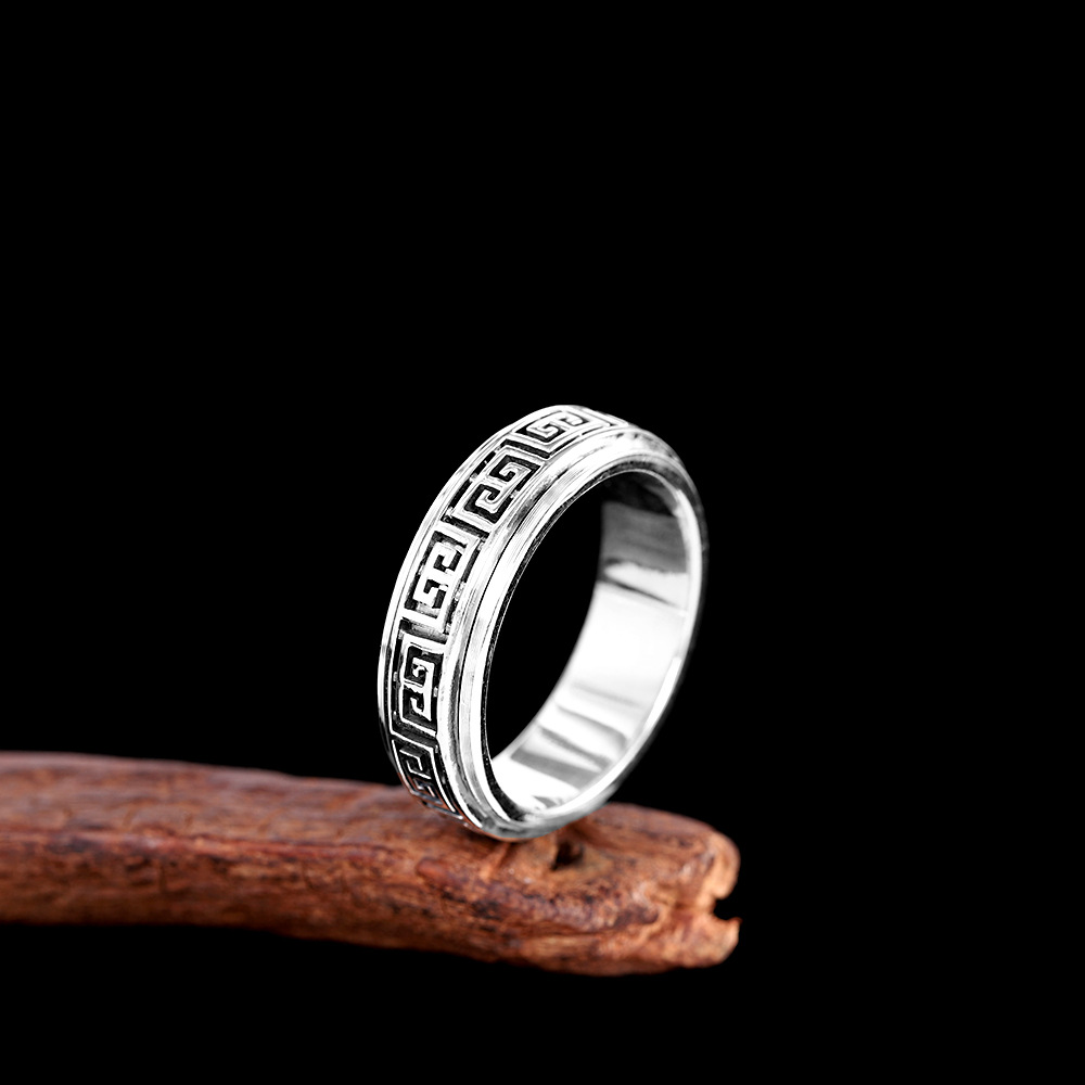 人品银品 s925银做旧时来运转戒指 时尚复古男士可转动戒指 跨境