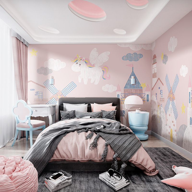 简约儿童房墙纸女孩房现代粉色小马壁布环保卡通卧室床头温馨墙布