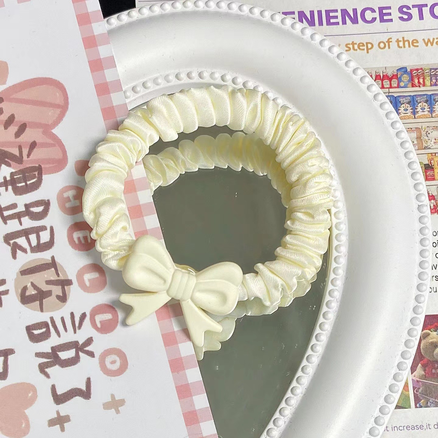 New Spring Cartoon Sweet Cream Bowknot Hair Ring Japanese Cute Fold Small Intestine Ring Hair Rope Rubber Band Headdress