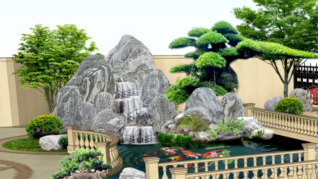 山东泰山石景观假山 花纹清晰原石造型 庭院鱼池驳岸造景厂家施工