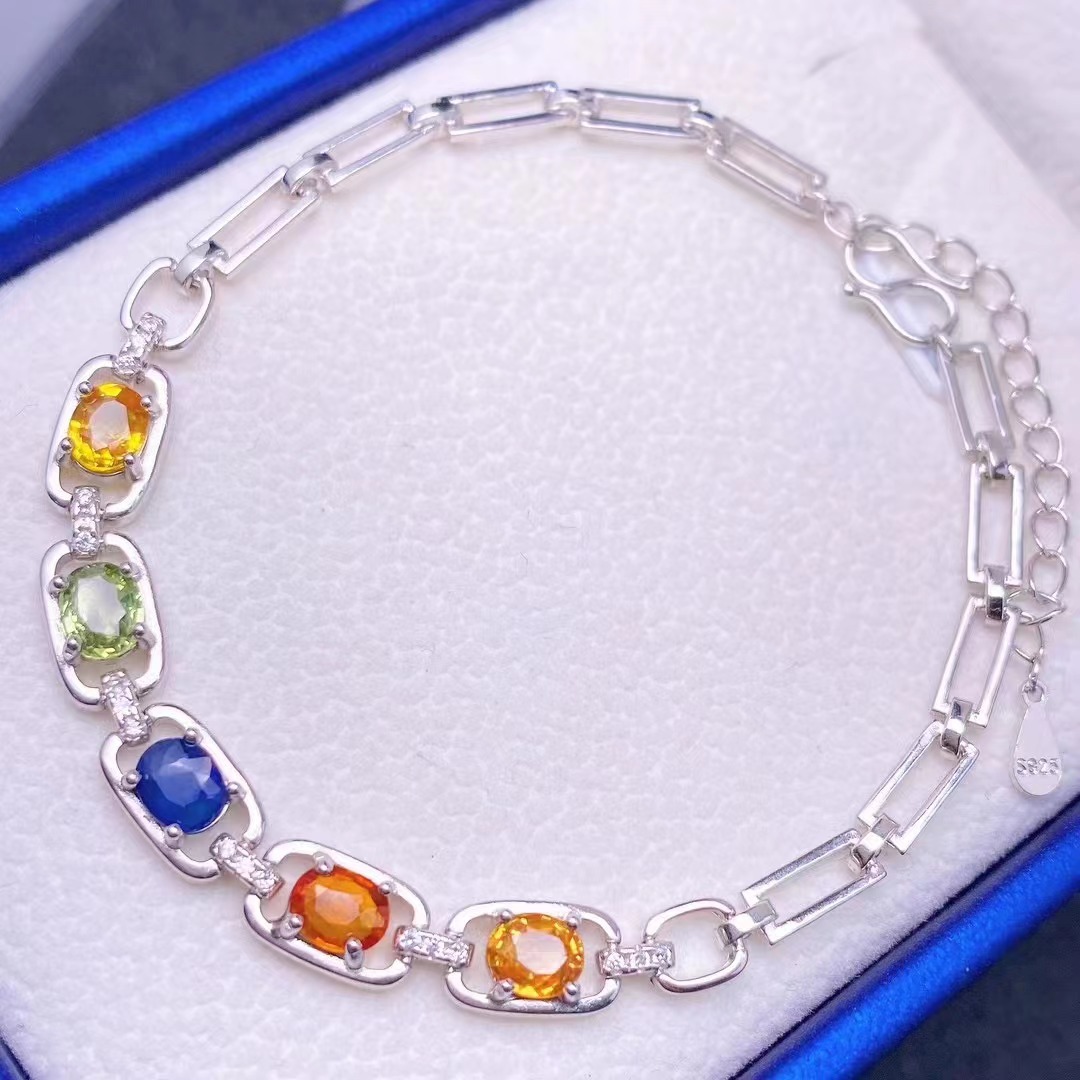 厂家批发 天然斯里兰卡彩色蓝宝石手链主石4×5 s925银镀白金银饰