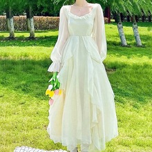 長裙2023新款春季法式连衣裙长袖设计感温小众仙气网纱仙女裙子潮