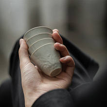 十路青茶杯冰台釉手工浮雕复古品茗杯家用功夫茶日式陶瓷喝茶杯