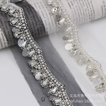 现货黑白镶钻珍珠亮片花边小香风服装外套手工钉珠门襟领diy辅料
