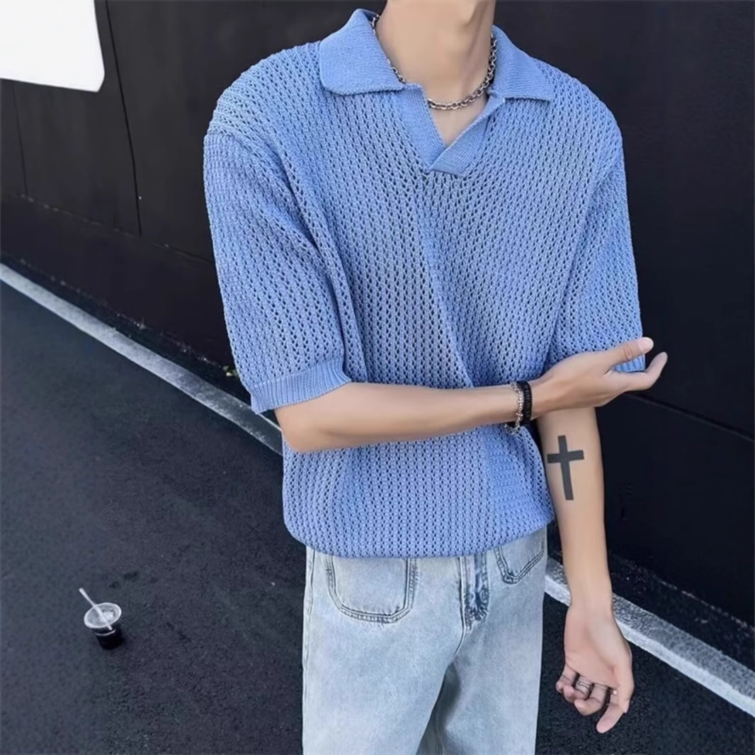 蓝色针织短袖男款夏季潮牌休闲韩系翻领t恤男小众高级感半袖上衣