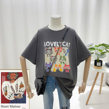 批发夏季新款短袖T恤韩版印花字母小猫女装显瘦宽松6226圆领