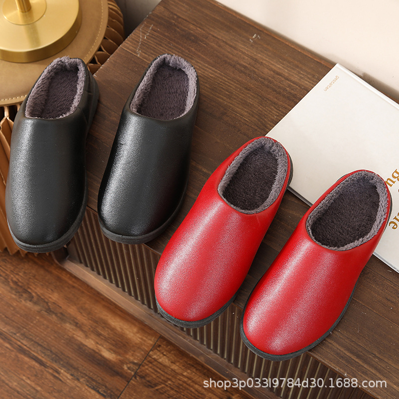 2022 Fleece-lined Thick Leather Cotton Slippers Couple Slippers Fashion Casual All-Match Solid Color Non-Slip Wear-Resistant Women's Men