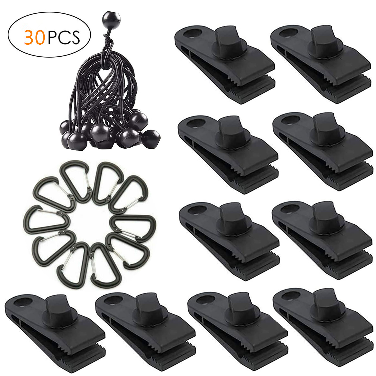 户外防水布帐篷篷布夹固定塑料夹10件 带弹力球绳和登山扣各10件