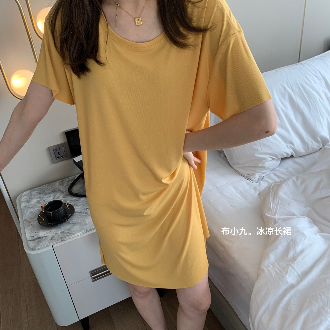 2023 New Korean Style Cool Long Dress Women's Summer Thin Outer Wear Pajamas Solid Color Casual Pajamas Cool Dress