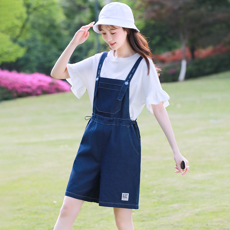 22291少女牛仔背带裤套装夏季薄款初中女生夏装高中学生阔腿短裤