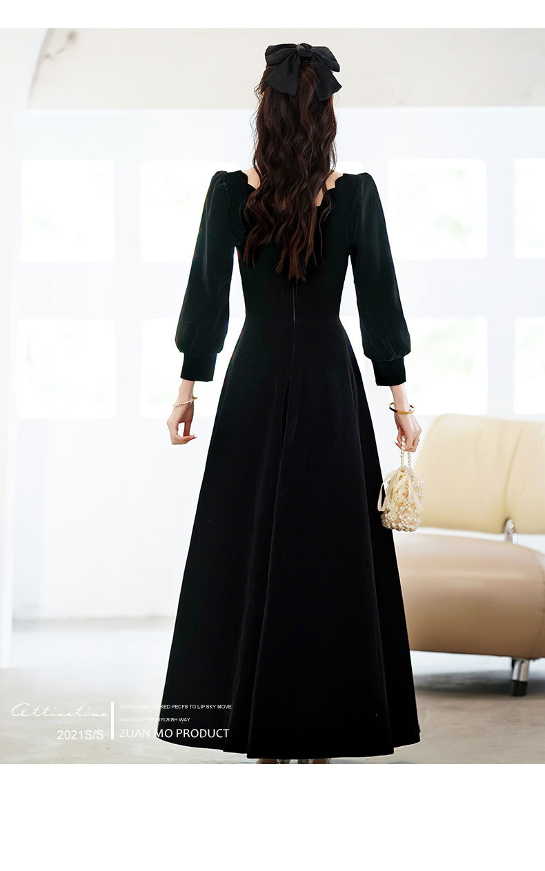 法式晚礼服2022新款主持人黑色蝴蝶结连衣裙长袖丝绒气质宴会礼服