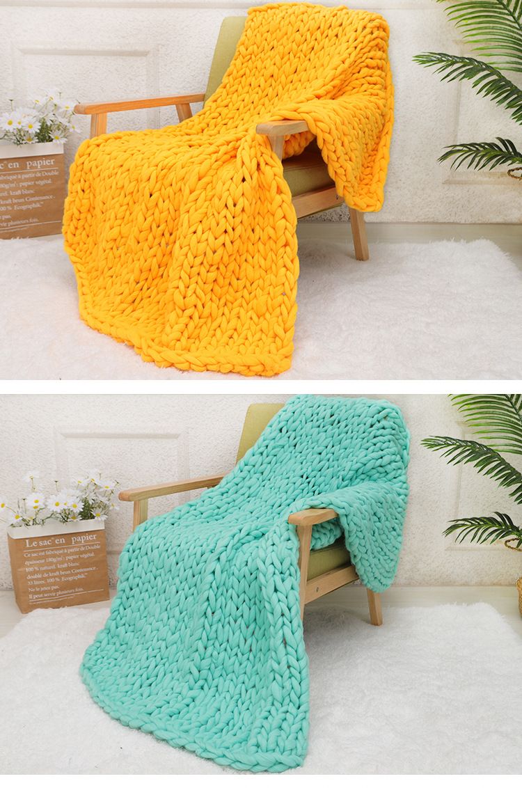 冰岛毛毯子拇指粗毛线毯子沙发盖毯手工编织粗涤纶毯子跨境货源批