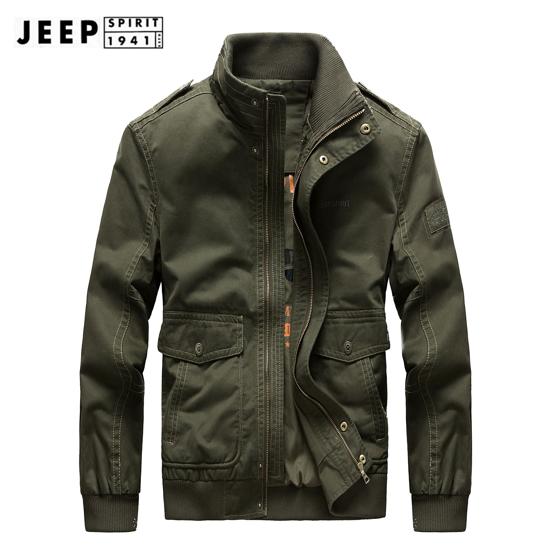 jeep吉普春秋季立领夹克男士纯棉外套男中年休闲装上衣