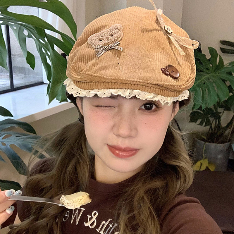 灯芯绒蕾丝蝴蝶结卡通小狗咖色前进帽女大头围反戴辣妹贝雷帽子潮