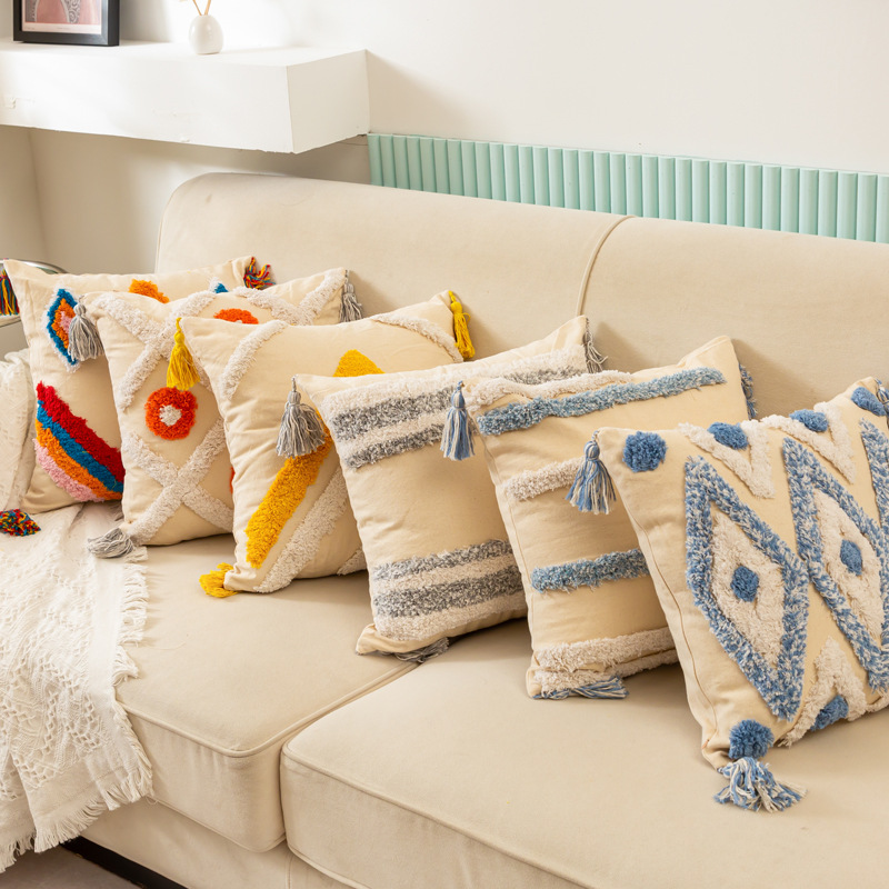 彤远新款轻奢帆布簇绒靠枕跨境ins抱枕现代简约客厅沙发居家靠垫