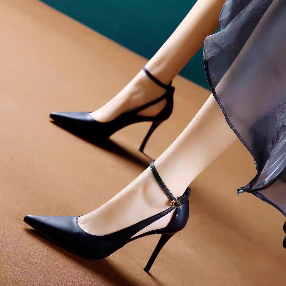 2024春夏季浅口韩版单鞋尖头中空一字扣绑带细跟工作鞋高跟鞋女鞋