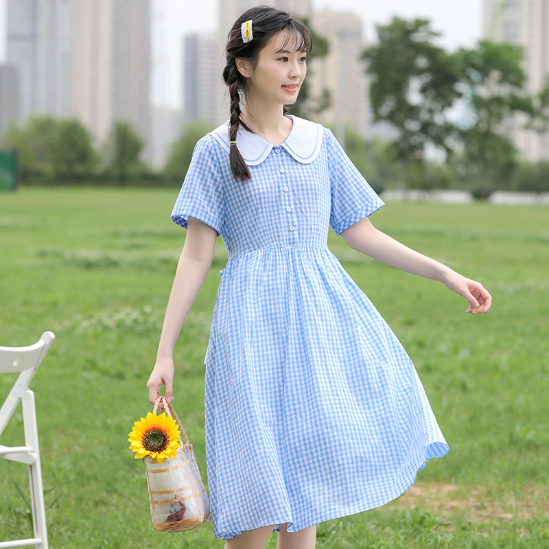 21281少女连衣裙夏季高初中学生夏装大童娃娃领格子长裙过膝长款