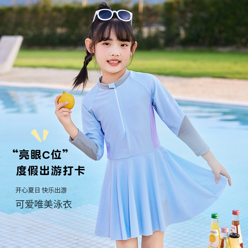 Children's Long-Sleeve Swimsuit Suit Wholesale Student Training Swimsuit One-Piece Type Skirt Hem Girl's Swimsuit Sunshade