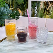跨境现货珠点浮雕玻璃水杯美式复古海棠花咖啡杯可叠杯果汁饮料杯