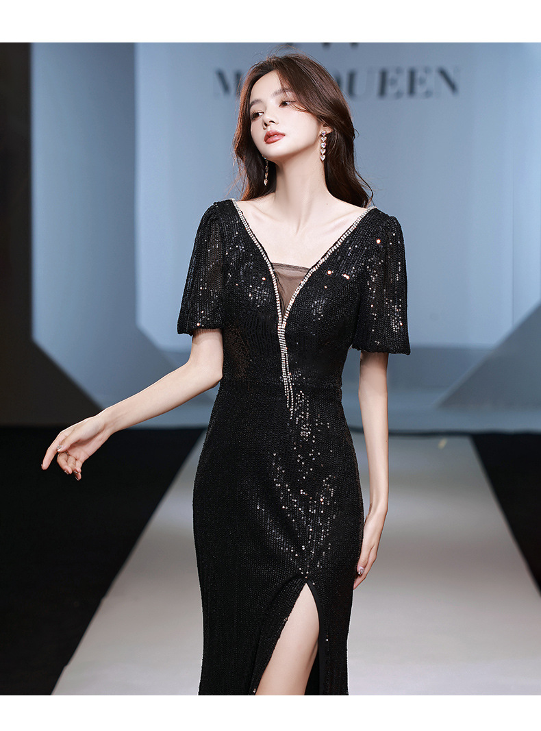 简约年会晚礼服气质显瘦2022新款宴会主持走秀黑色开叉鱼尾礼服裙