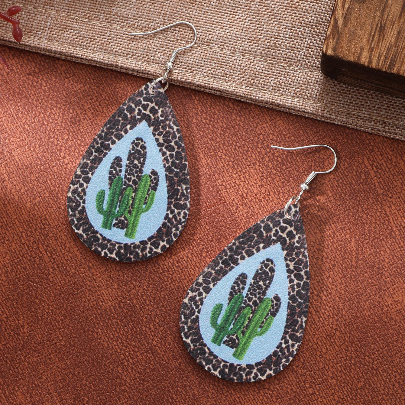 New Leather Water Drop Earrings Guitar Pattern Leopard Cactus Pattern Cross-Border European and American Amazon