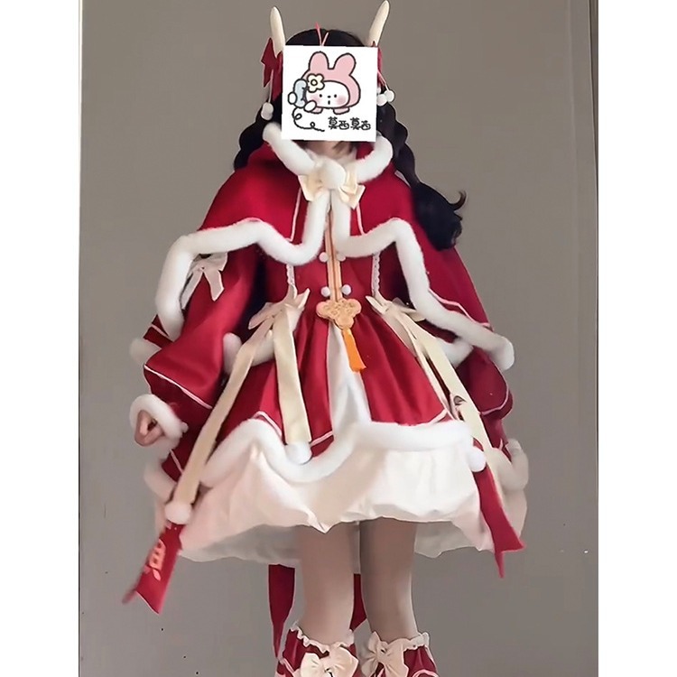 新年战袍红色lolita套装连衣裙斗篷拜年过年服女圣诞节可爱洛丽塔