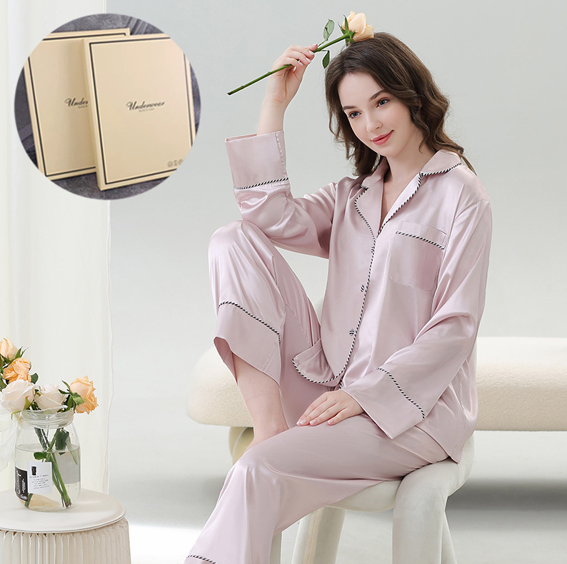 新款冰丝睡衣女夏季休闲长袖长裤套装送闺蜜高级礼盒家居服可刺绣