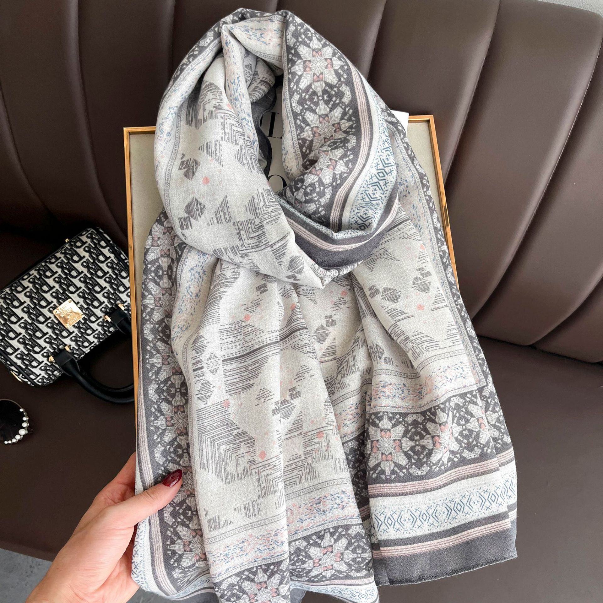 Silk Scarf Winter Thin Type Outer Shawl Geometric Spring and Autumn Scarf Snowflake Pattern Women's Silk Scarf Long Imitation Cotton and Linen Scarf