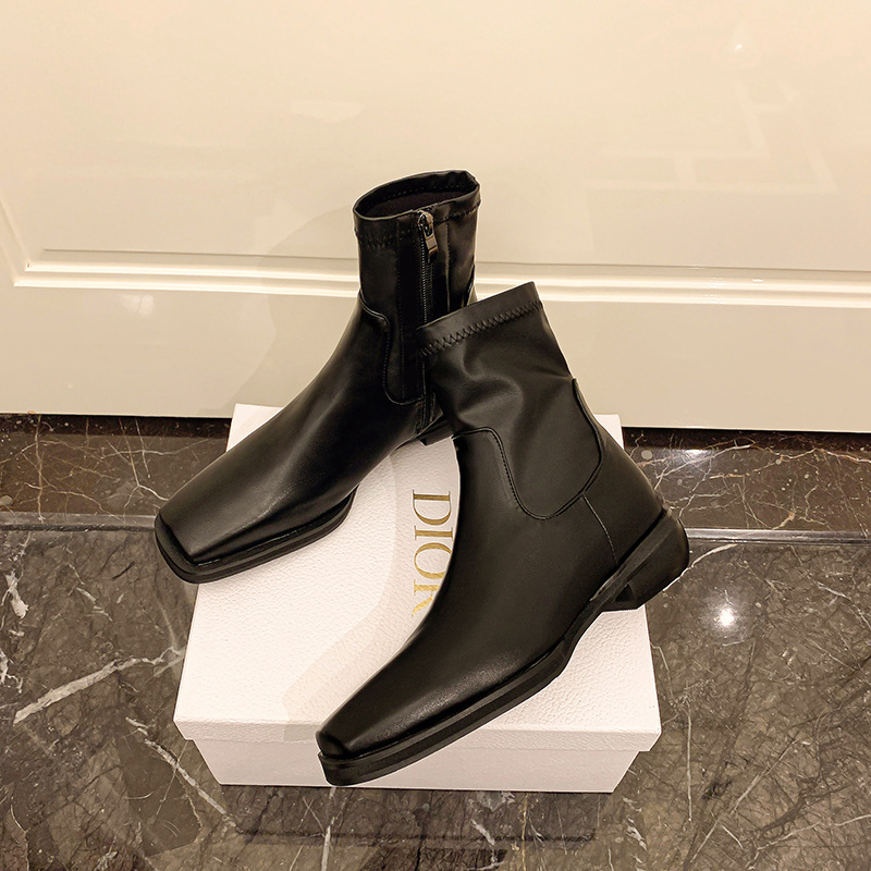 方头低跟弹力瘦瘦靴女时尚短靴复古切尔西靴秋冬新款气质通勤单靴