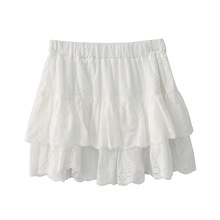 自制夏季新款法式复古芭蕾风纯棉刺绣荷叶边蛋糕裙白色半身裙短裙