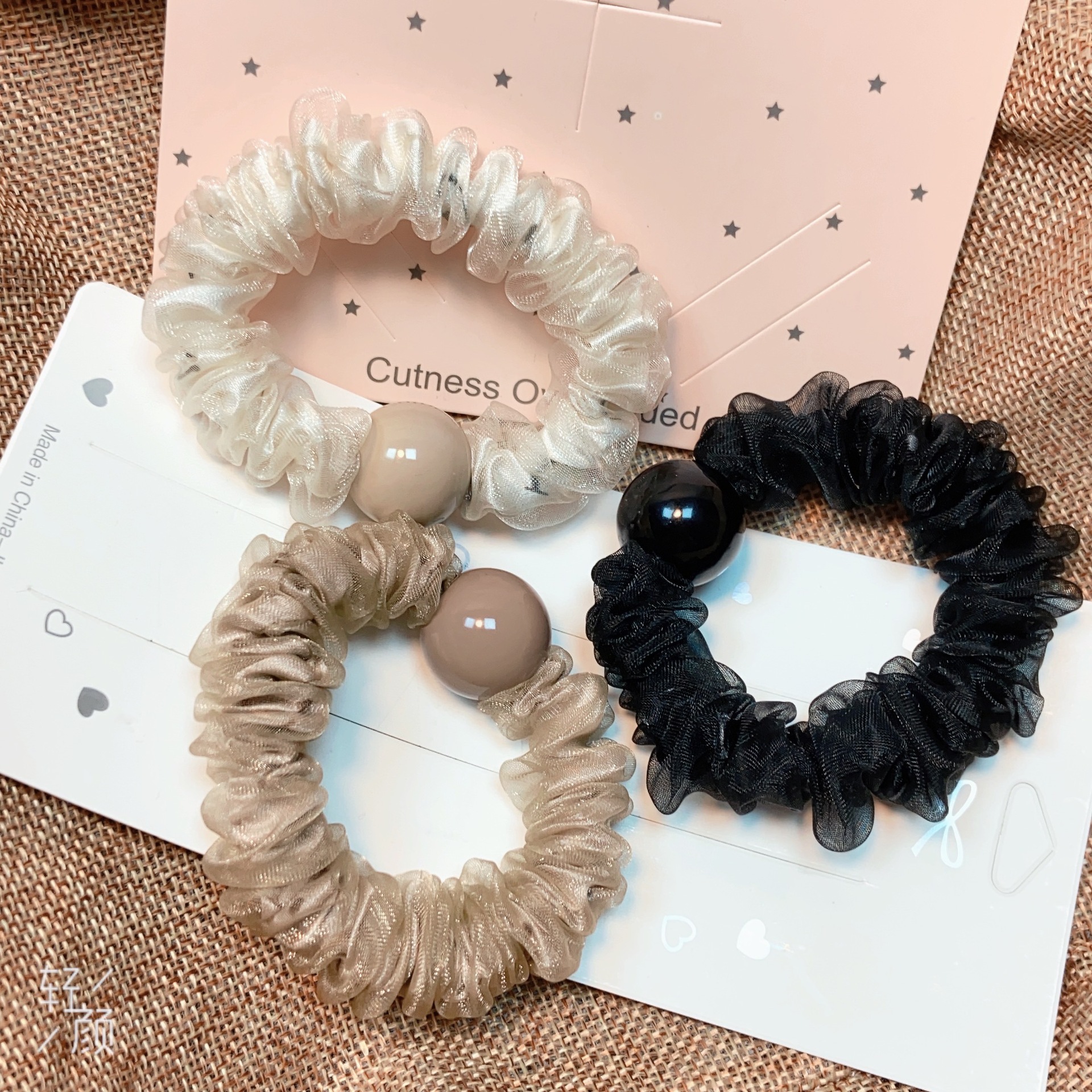 新款少女双层网纱珍珠大肠发圈不伤发高弹力扎头发马尾发绳皮筋女