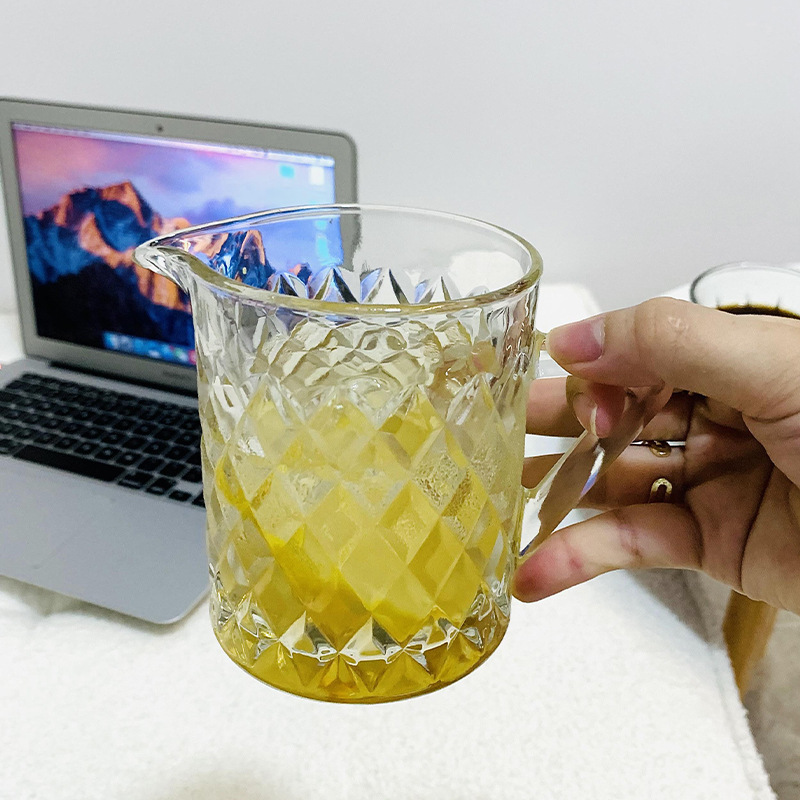 刻花玻璃杯带把水杯 耐热茶杯啤酒杯果汁杯钻石花纹果汁杯鸭嘴杯