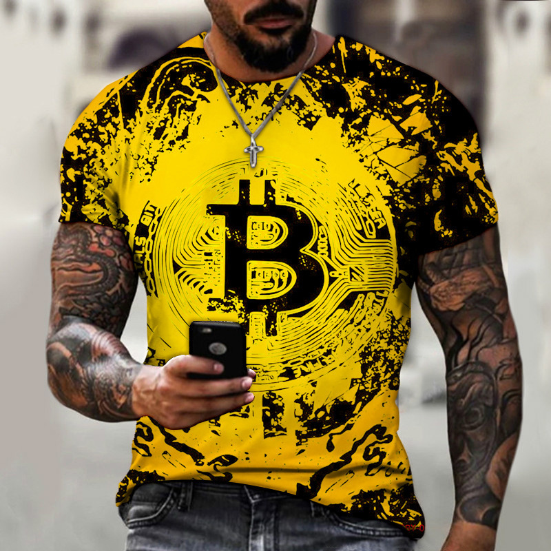 外贸新款b 比特币3d打印夏季男士t恤短袖超大欧码跨境色彩鲜艳