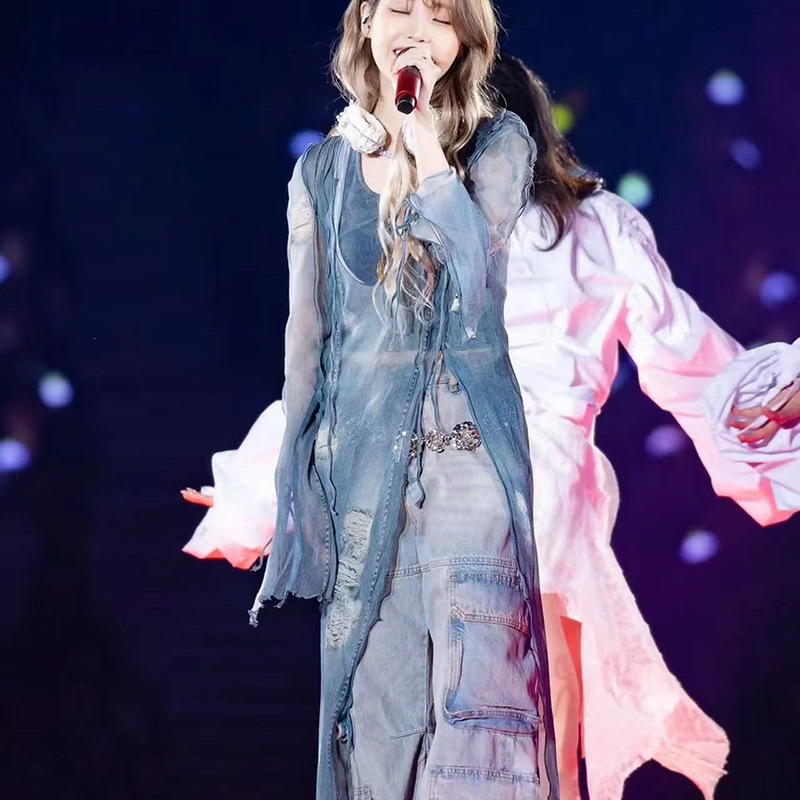 预售李知恩iu演唱会同款牛仔做旧复古拼接绑带洗水罩衫衬衫连衣裙