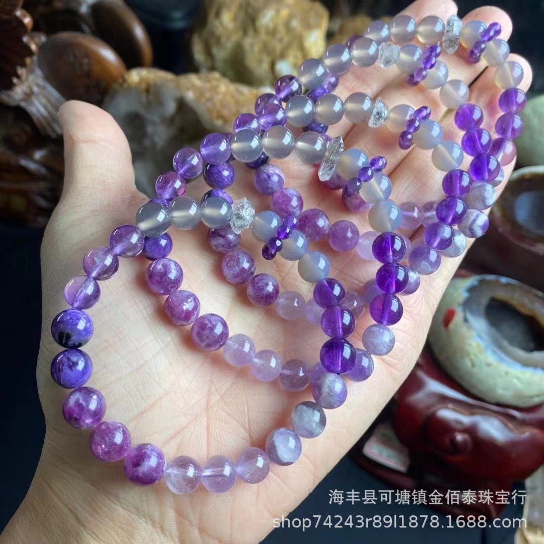 天然九紫离火色系水晶多宝手链紫龙晶闪灵钻等圆珠批发直播实体店