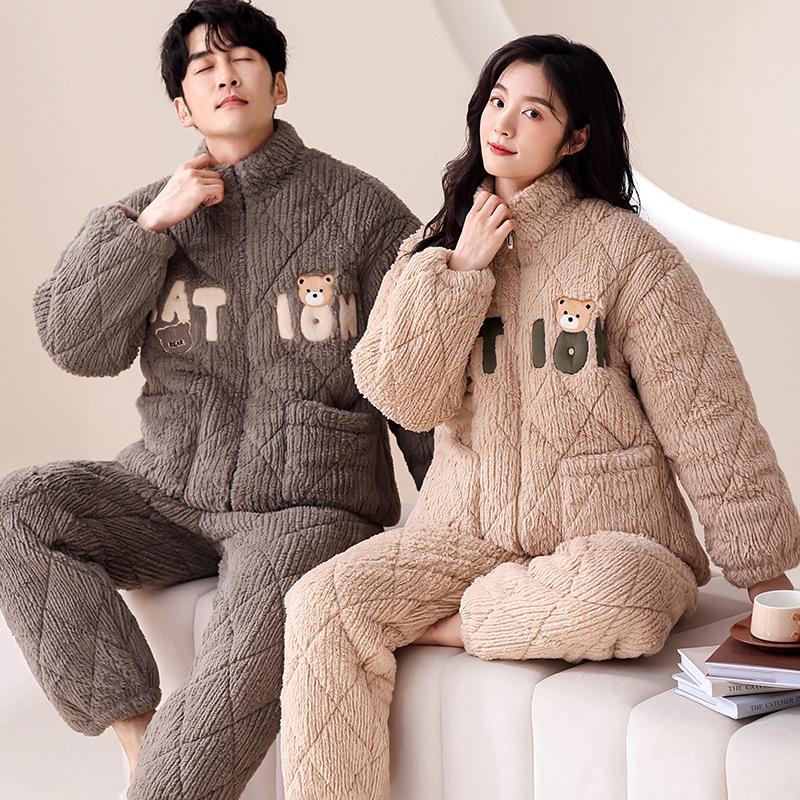 情侣睡衣女冬季加绒加厚珊瑚绒三层夹棉冬款法兰绒男士家居服套装