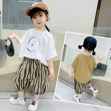 大量现货跨境接单韩版女童夏装洋气新款短袖t桖七分裤休闲儿童装