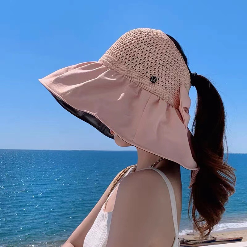 Women's Ponytail Hat Summer Sun-Proof Bucket Hat Black Rubber Cover Face Big Brim UV-Proof Sun Hat