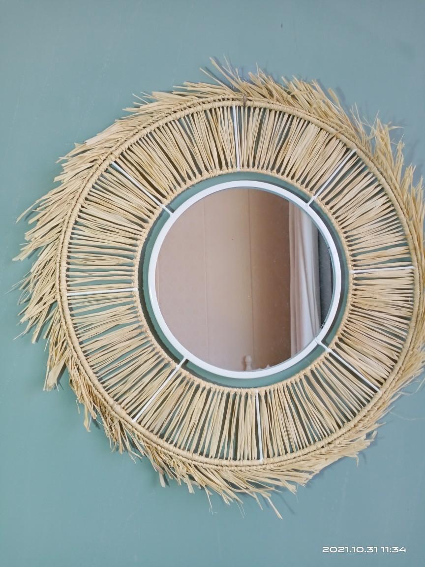 新款拉菲草壁挂壁饰现代简约墙饰挂件装饰镜